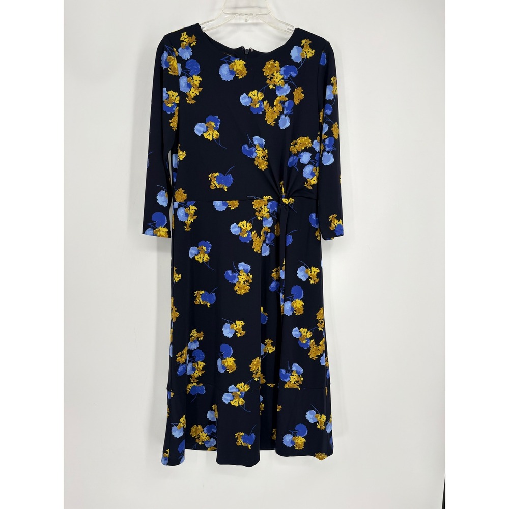 Talbots Dress Womens 12P Navy Blue Floral Side Twist Knot 3/4 Sleeve Midi Jersey